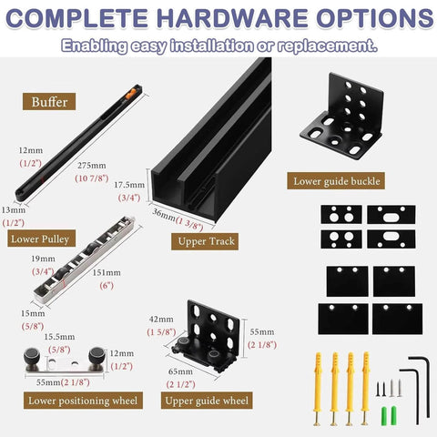 Concealed Sliding Door Kit With Soft Close For Barn Doors, Heavy Duty Ghost Track System components and installation tools shown.