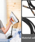 Person using heavy duty high temperature steam hose for steam irons with durable tubing for tough steam runs and easy maneuvering.