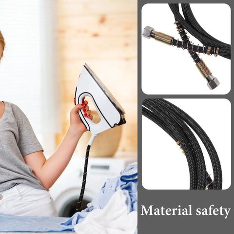 Person using heavy duty high temperature steam hose for steam irons with durable tubing for tough steam runs and easy maneuvering.