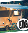 Camping setup with caravan and heavy-duty cabinet hinge with dampers inset for outdoor use.