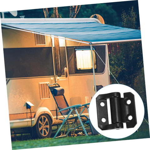 Camping setup with caravan and heavy-duty cabinet hinge with dampers inset for outdoor use.
