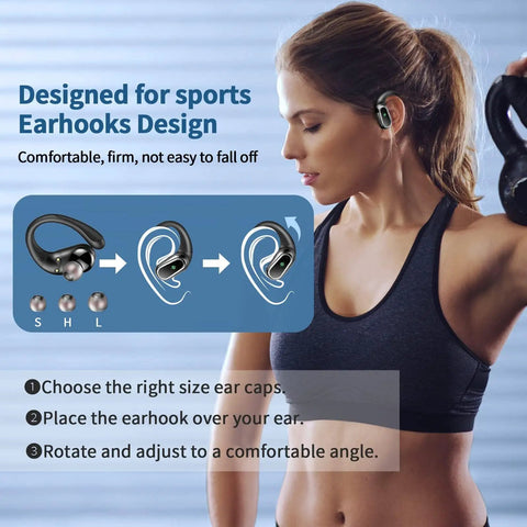 Woman wearing Bluetooth 5.4 Auto Connect Sport Earbuds With 60 Hours Playtime, HiFi Stereo, IPX7 Waterproof, earhook adjustment guide.