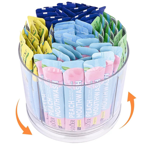360 Degree Spin Drink Packet Organizer For Pantries And Cabinets, Clear acrylic rotating holder with packets visible