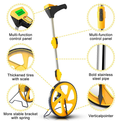 Features of Digital Measuring Wheel With Backlit Display Foldable Handle Up To 99,999 Feet Or 99,999 Meters shown in detail.