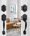 Double Door Lock Set With Dummy Handle And Single Cylinder Deadbolt, Matte Black Finish, shown with interior view