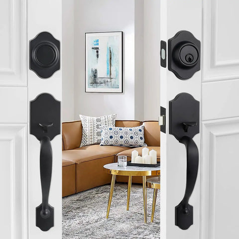 Double Door Lock Set With Dummy Handle And Single Cylinder Deadbolt, Matte Black Finish, shown with interior view
