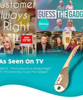Collage featuring the Vacuum Hair Brush Cleaner Tool and TV shows, "The Customer is Always Right" and "Guess The Gadget".