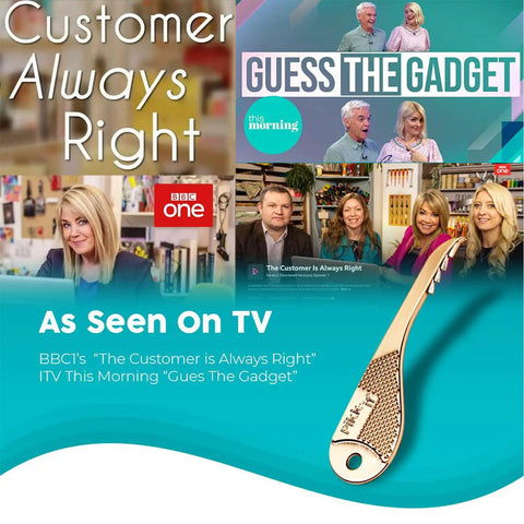 Collage featuring the Vacuum Hair Brush Cleaner Tool and TV shows, "The Customer is Always Right" and "Guess The Gadget".