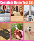 Complete home tool set with screwdriver, pliers, hammer, carrying case. Part of 8V Cordless Drill With LED Light And 146 Piece Home Repair Tool Set In Portable Box Hand Drill Kit For Men And Women DIY Handyman Essentials Lightweight Ergonomic Grip Quick Bit Change Great For House Projects.