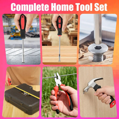 Complete home tool set with screwdriver, pliers, hammer, carrying case. Part of 8V Cordless Drill With LED Light And 146 Piece Home Repair Tool Set In Portable Box Hand Drill Kit For Men And Women DIY Handyman Essentials Lightweight Ergonomic Grip Quick Bit Change Great For House Projects.
