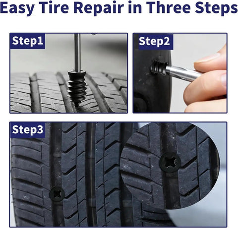 Three steps to use Two Size Tire Repair Kit With Spiral Rubber Nails For Cars Motorcycles Trucks SUVs And Bikes