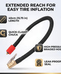 Flexible Silicone Tire Inflator Extension Hose With Quick Clip Chuck Reaches Tight Valve Stems On Cars And Trucks Effortlessly Handles During Roadside Emergencies Or Garage Jobs Avoids Awkward Bending Inside Cramped Wheel Wells 16 Inch Connector, 40cm braided hose