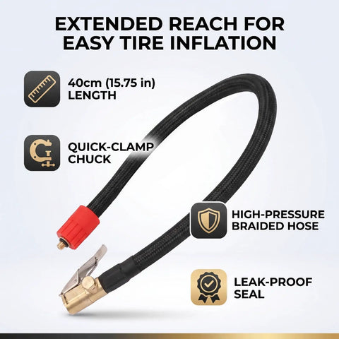 Flexible Silicone Tire Inflator Extension Hose With Quick Clip Chuck Reaches Tight Valve Stems On Cars And Trucks Effortlessly Handles During Roadside Emergencies Or Garage Jobs Avoids Awkward Bending Inside Cramped Wheel Wells 16 Inch Connector, 40cm braided hose