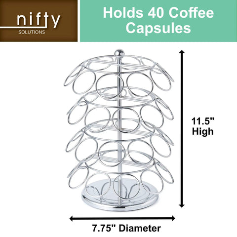 K-Cup Pod Carousel Organizer for Home and Office, Chrome 40-Pod Lazy Susan With 360-Degree Spin, fits K-Cups, dimensions shown