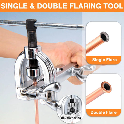 Chrome brake line flaring tool clamping copper tube for single and double flare (front view)