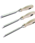 Heavy Duty Mortise Chisel Set With Chrome Vanadium Steel Blades And Premium Hornbeam Handles For Professional Cabinetmaking And Precision Woodworking Includes 1/4 Inch 3/8 Inch And 1/2 Inch Tools angled view of three chisels