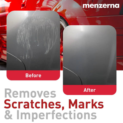 Before and after image showing Heavy Cut Polishing Compound for deep scratches and swirls on a car surface, 8 fl oz.