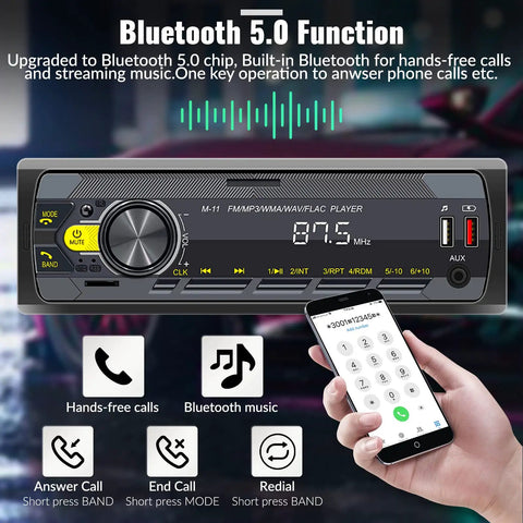 Single Din Car Stereo Bluetooth 5.0 Multimedia Receiver with Hands Free Calling displayed with smartphone interface.