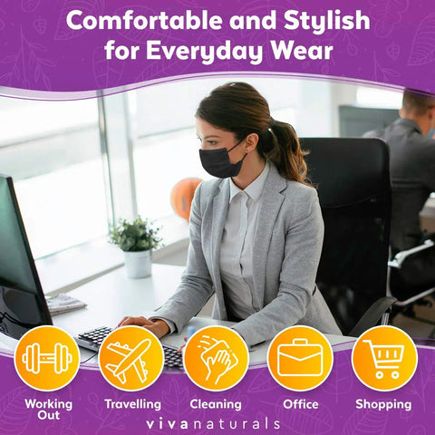 Woman wearing Ultra Thick 4-Ply Black Disposable Face Masks, 50 Individually Wrapped, in office setting