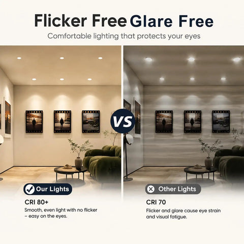 Eclatune 3 Inch LED Recessed Lighting with Junction Box LED Downlight, IP65 Shower Light 5CCT Waterproof, 2700K-5000K Selectable CRI90+, 12W COB, 1120LM Anti-Glare Dimmable-ETL 1Pack comparison of lighting quality.