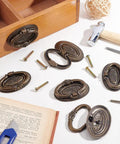 8 Set Oval Cabinet Door Handles Antique Bronze Bail Drawer Pulls With Floral Pattern Vintage Shabby Chic Knobs