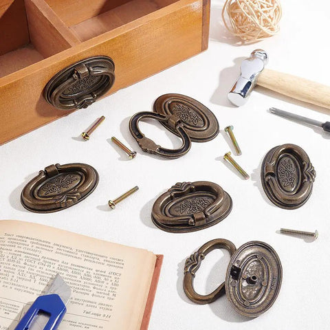 8 Set Oval Cabinet Door Handles Antique Bronze Bail Drawer Pulls With Floral Pattern Vintage Shabby Chic Knobs