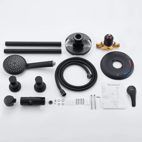 Complete components of Slide Bar Shower Faucet Set With High Pressure Handheld Shower And 5 Spray Settings Rain Full Body Massage Full Spray Pause Adjustable 23.6 Inch Wall Bar Pressure Balance Valve Brass Trim Matte Black