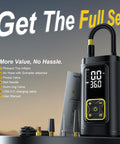 Portable Tire Inflator With Gauge 150 PSI Fast Car Bike Ball Pump with accessories and LED display on tabletop