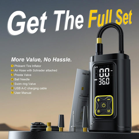 Portable Tire Inflator With Gauge 150 PSI Fast Car Bike Ball Pump with accessories and LED display on tabletop