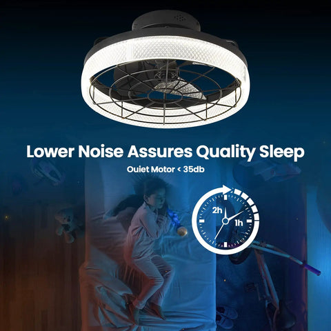 Low Profile Ceiling Fan With Lights Black Finish, Space Saving Caged Flush Mount, Dimmable LED With 3 Color Temperature