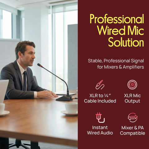Man using Desktop Gooseneck Wired Microphone System with Pop Filter for table mounting in a conference setting