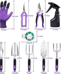 11 Piece Garden Tool Kit With Aluminum Alloy Hand Tools, including trowels, rake, shears, purple gloves, sprayer, and garden rope