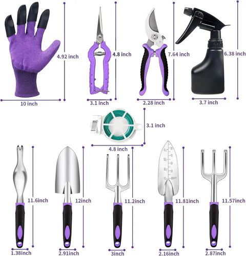 11 Piece Garden Tool Kit With Aluminum Alloy Hand Tools, including trowels, rake, shears, purple gloves, sprayer, and garden rope