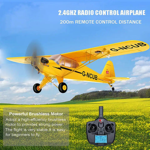 A160 J3 Brushless RC Plane with 5CH 3D/6G modes, shown flying with 2.4G radio control transmitter, yellow EPP glider.