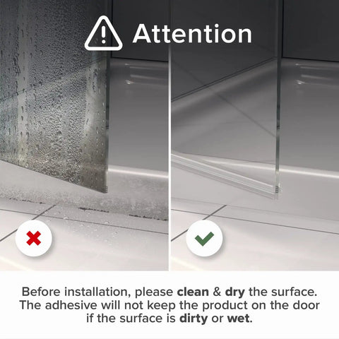 Attention image showing before and after installation tips for Shower Door Bottom Seal Self Adhesive Silicone Strip For All Door Thicknesses.