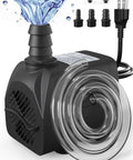 400GPH submersible water pump in black plastic housing with clear intake ring and nozzle adapters.