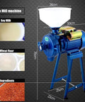 2200W Heavy Duty Electric Mill Grinder For Commercial Use showing dimensions and food processing capabilities
