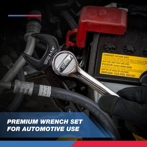 Mechanic using a crowfoot wrench from Crowfoot Wrench Set 1/2 Inch Drive SAE Jumbo Size 1-1/16 to 2 Inch Cr-Mo in engine bay