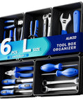 Six Large Tool Box Organizer Trays with EVA Non Slip Pads for home garage and office use, pro grade L size drawer bins, black finish
