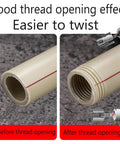 Comparison of smooth pipe before threading and threaded pipe after using 4 In 1 Water Pipe Wrench, showing threading effect.
