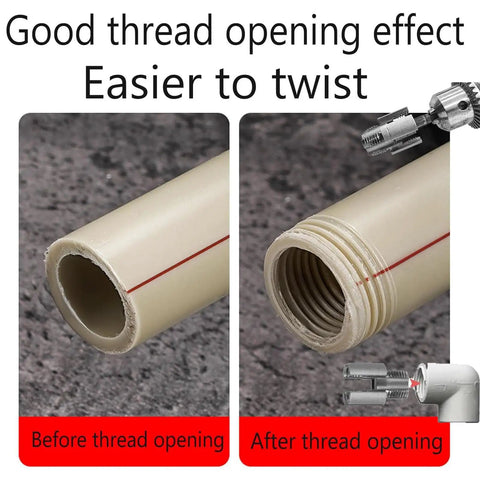 Comparison of smooth pipe before threading and threaded pipe after using 4 In 1 Water Pipe Wrench, showing threading effect.