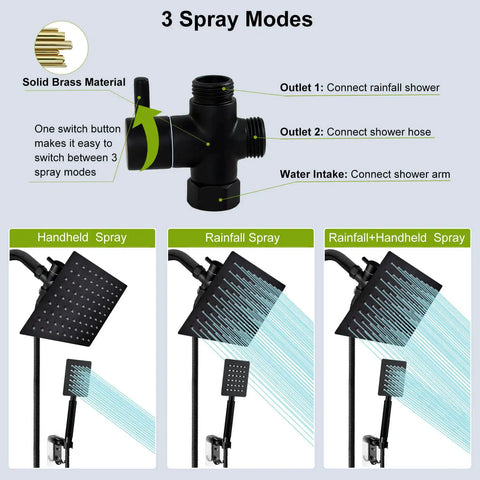 Diagram showing 3 spray modes for All Metal Rain Shower Head With Handheld Spray, 78 Inch Extra Long Stainless Steel Hose combo.