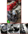 Upgrade Your K Series Honda Civic Integra With This Epic Aluminum Idler Pulley Kit EP3 Style Adjustable For K24 Swap Engine To Beat Overheating And Slash Noise Like A Boss. Aluminum idler pulley kit on K24 swap engine, close-up installed