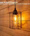Super Lit Battery Operated Hanging Chandelier Crafted From Twisted Copper And Glowing Gold Beads 5By6 Inch Pendant Lamp for indoor use.