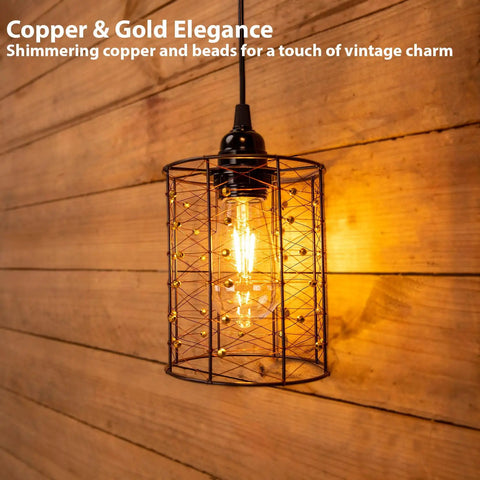 Super Lit Battery Operated Hanging Chandelier Crafted From Twisted Copper And Glowing Gold Beads 5By6 Inch Pendant Lamp for indoor use.