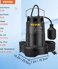 Beefy Half HP Submersible Sewage Pump With 4320 GPH Flow For Indoor And Outdoor Drainage Cast Iron And Stainless Steel Sump