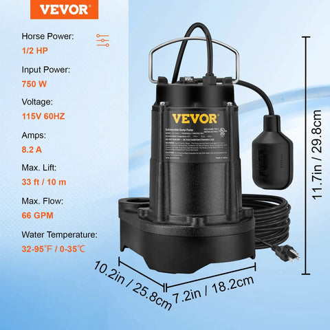 Beefy Half HP Submersible Sewage Pump With 4320 GPH Flow For Indoor And Outdoor Drainage Cast Iron And Stainless Steel Sump