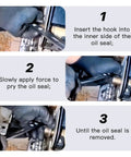 Step-by-step use of Oil Seal Removal Tool With Dual Hook For Quick Wheel Seal Twister in automotive seal extraction