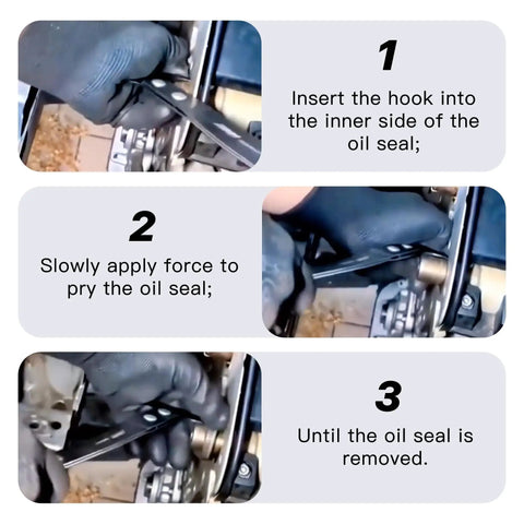Step-by-step use of Oil Seal Removal Tool With Dual Hook For Quick Wheel Seal Twister in automotive seal extraction
