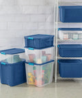 Heavy Duty Clear Plastic Storage Bins Twelve Pack With Tight Latch Lids And Solid Grip Handles For Hella Roomy Home Organization and stacked for easy access.